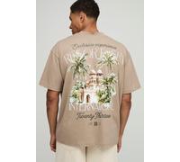 Mens Brown Oversized Extended Neck Palm Print T-Shirt, Brown M