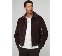 Mens Brown Oversized Fit Cord Collared Contrast Lining Bomber Jacket, Brown S