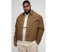 Mens Brown Plus Contrast Stitch Padded Boxy Western Jacket, Brown XXXXL