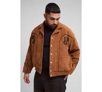 Mens Brown Plus Faux Suede Embroidered Oversized Boxy Fit Western Jacket, Brown 4XL