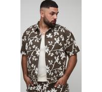 Mens Brown Plus Floral Tapestry Oversized Short Sleeve Overshirt, Brown 4XL