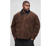 Mens Brown Plus Oversized Boxy Contrast Collar Faux Suede Harrington Jacket, Brown 4XL