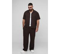 Mens Brown Plus Oversized Jumbo Waffle Revere Shirt and Relaxed Trouser Set, Brown 5XL