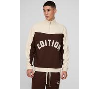 Mens Brown Regular Fit Applique Quarter Zip Loopback Colour Block Funnel Neck, Brown M