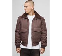 Mens Brown Regular Fit Boucle Borg Collar Nylon Bomber Jacket, Brown XS