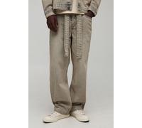 Mens Brown Relaxed Fit Washed Belted Jeans, Brown 34R