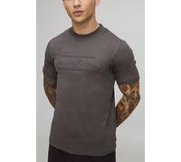 Mens Brown Slim Fit Peached Limited Embossed Extended Neck T-Shirt, Brown S