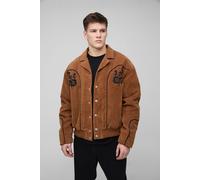 Mens Brown Tall Faux Suede Embroidered Oversized Boxy Fit Western Jacket, Brown 2XL