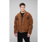 Mens Brown Tall Faux Suede Embroidered Oversized Boxy Fit Western Jacket, Brown L