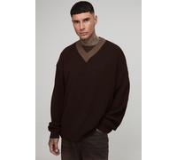 Mens Brown Tall Oversized Knitted Contrast V-Neck Jumper, Brown S