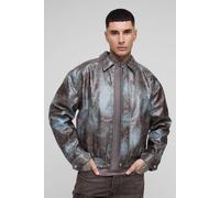 Mens Brown Tall Tie Dye Snake PU Boxy Bomber Jacket, Brown XL