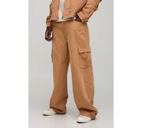 Mens Brown Tall Washed Cord Baggy Fit Cargo Trousers, Brown 34