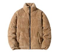 Mens Bubble Puffer Corduroy Jacket Vintage Stand Collar Zipper Plush Coat Fall Ribbed Tops Down Outerwear, Coffee, Large