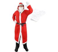 Mens Budget Santa Costume - 4 Piece Father Christmas Costume - Red Santa Jacket + Elasticated Beard + Fake Eyebrows + Gloves - One Size