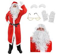 Mens Budget Santa Costume with Accessories - 6 Piece Father Christmas Costume - Red Santa Jacket + Elasticated Beard + Santa Wig + Fake Eyebrows + Gloves + Glasses - One Size