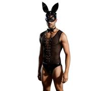 Mens Bunny Cosplay Costume Tuxedo Lingerie Set Role Play Night Club Costume Outfit (Black, One Size)