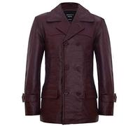 Mens Burgundy Cow Hide Leather Jacket Dr Who Naval German Pea Coat XS