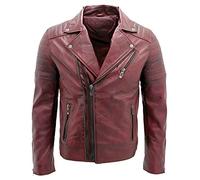 Men's Burgundy Slim Fit Brando Style Double Cross Zip 100% Leather Biker Fashion Jacket XL