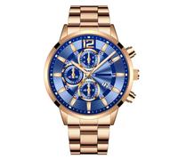 Men's Business Casual Classic Fashion Three Eyes Digital Scale Analogue Calendar Quartz Student Watch Stainless Steel, Rose Gold Shell Blue Noodle, 24