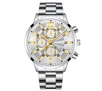 Men's Business Casual Classic Fashion Three Eyes Digital Scale Analogue Calendar Quartz Student Watch Stainless Steel, Gold lettering with white steel surface, bracelet