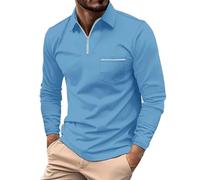 Men's Business Casual Shirts Long Sleeve Solid Colour Zip-Up Shirt Top Lightweight Standing Collar Shirt with Front Pocket Stretch Comfort Regular Fit Polo Shirts Classic Fit Shirt for Men Sky Blue