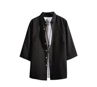 Mens Business Shirts Button Down Blouse Shirt Men Men's Solid Color Short Sleeve Shirt Cotton Linen Seven Minute Sleeve Shirt Youth Loose Plus Size Shirt Priest Black Shirt and Collar (Black, XXXL)