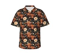Men's Button Down Casual Shirts Little Highland Cow Flowers Classic Hawaiian Short Sleeve Beach Shirt with Pocket