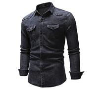 Mens Button Down Denim Shirt Long Sleeve Lapel Jean Shirt Casual Slim Fit Washed Denim Shirts with Chest Pockets(Dark Gray,Large)