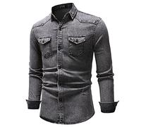 Mens Button Down Denim Shirt Long Sleeve Lapel Jean Shirt Casual Slim Fit Washed Denim Shirts with Chest Pockets(Grey,XX-Large)