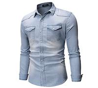 Mens Button Down Denim Shirt Long Sleeve Lapel Jean Shirt Casual Slim Fit Washed Denim Shirts with Chest Pockets(Light Blue,Large)