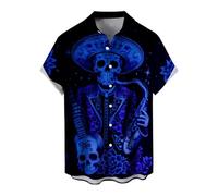 Men's Button Down Fashion Shirt, Day of The Dead Halloween Skeleton Graphic Hawaiian Shirt, Gothic Music Theme Casual Long Sleeve Shirt for Holiday Gathering,3XL