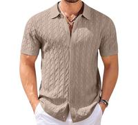 Men's Button Down Knit Short Shirts Polo Vacation Sumer Beach Shirts Knitted Shirt for Men Casual Beach Khaki