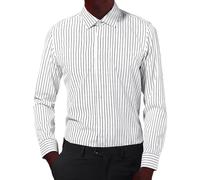 Men's Button Down Shirt Classic Long Sleeve Collared Tops Casual Work Workout Striped Shirts for Men (White, L)