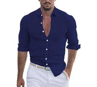 Men's Button Down Shirt - Cotton and Linen Blend, Long Sleeve, Lapel Collar, Casual Style, Ideal for Hippie & Beach Outfits Navy