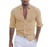 Men's Button Down Shirt - Cotton and Linen Blend, Long Sleeve, Lapel Collar, Casual Style, Ideal for Hippie & Beach Outfits Khaki