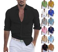Men's Button Down Shirt - Cotton and Linen Blend, Long Sleeve, Lapel Collar, Casual Style, Ideal for Hippie & Beach Outfits Black