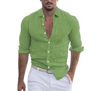 Men's Button Down Shirt - Cotton and Linen Blend, Long Sleeve, Lapel Collar, Casual Style, Ideal for Hippie & Beach Outfits Green