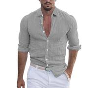 Men's Button Down Shirt - Cotton and Linen Blend, Long Sleeve, Lapel Collar, Casual Style, Ideal for Hippie & Beach Outfits Grey