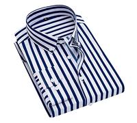 Men's Button Down Shirt Long Sleeve Striped Shirt Casual Plain Non Iron Men's Linen Shirt Regular Fit Casual Summer Beach Shirt Mens Casual Striped Buckle Pocket Shirt Top Blue