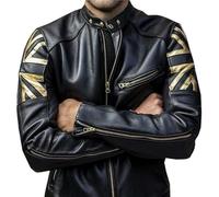 Mens Cafe Racer Black Union Jack Vintage Biker UK British Flag Motorcycle Genuine Real Leather Jacket (M)