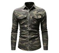 Men's Camo Denim Shirts Long Sleeve Military Cargo Button up Shirts Cowboy Cut Work Dress Shirt with Pockets (Armygreen,M)