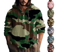Mens Camo Hoodie Camouflage Hoodie Men Long Sleeve Linen Shirt V Neck Hooded Sweatshirt Lightweight Camo Printed Hoodies Casual Hoody Tops Comfort Fit Fitness Jumper Hooded Sweatshirt