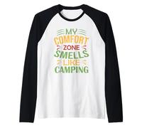 Mens Camper Hiker Outdoor My Comfort Zone Smells Like Camping Raglan Baseball Tee