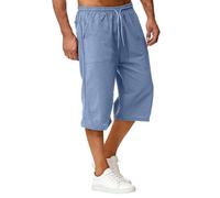 Mens Capri Pants Below The Knee Shorts Summer Cotton Loose 3/4 Long Drawstring Casual Beach Trousers 2026 Dark Blue