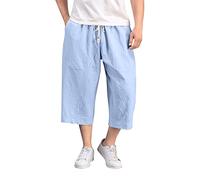 Mens Capris Cotton Linen Baggy Wide Leg Pants Drawstring Tapered Casual Harem Cropped Trousers 3/4 Length Pants Hip Hop Bloomers Blue