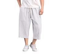 Mens Capris Cotton Linen Baggy Wide Leg Pants Drawstring Tapered Casual Harem Cropped Trousers 3/4 Length Pants Hip Hop Bloomers