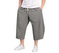 Mens Capris Cotton Linen Baggy Wide Leg Pants Drawstring Tapered Casual Harem Cropped Trousers 3/4 Length Pants Hip Hop Bloomers Grey