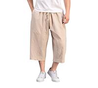 Mens Capris Cotton Linen Baggy Wide Leg Pants Drawstring Tapered Casual Harem Cropped Trousers 3/4 Length Pants Hip Hop Bloomers