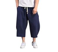 Mens Capris Cotton Linen Baggy Wide Leg Pants Drawstring Tapered Casual Harem Cropped Trousers 3/4 Length Pants Hip Hop Bloomers Navy