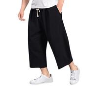 Mens Capris Cotton Linen Baggy Wide Leg Pants Drawstring Tapered Casual Harem Cropped Trousers 3/4 Length Pants Hip Hop Bloomers Black